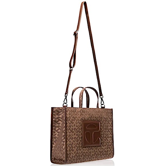 TELFAR Medium Jacquard Shopper Tote Crossbody Bag - Tan Monogram - Picture 3 of 7